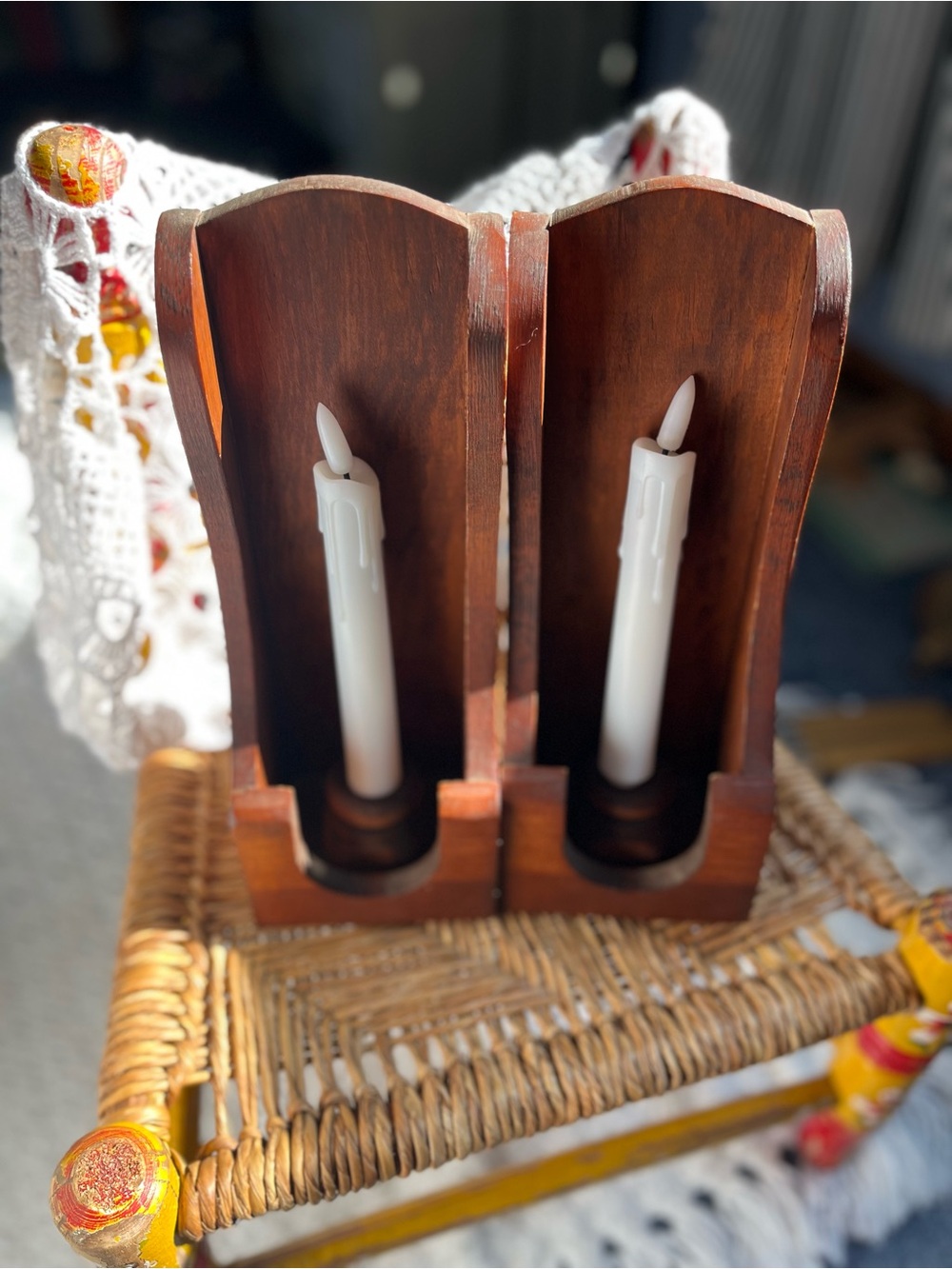 Set Colonial/Country:Farmhouse Wood Candle Wall or Mantel Sconces in Walnut